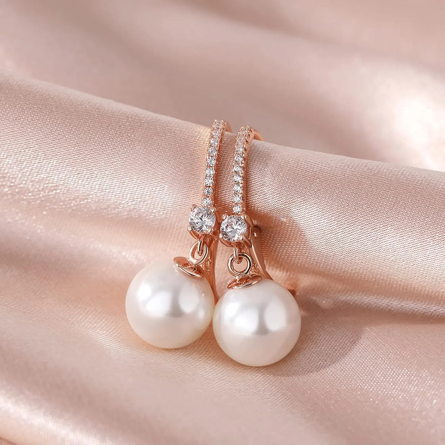 Pearl Dangle Drop Earrings for Women 925 Sterling Silver Pearl Leverback Earrings Cubic Zirconia Pearl Dangling Earrings 10MM