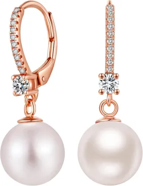 Pearl Dangle Drop Earrings for Women 925 Sterling Silver Pearl Leverback Earrings Cubic Zirconia Pearl Dangling Earrings 10MM