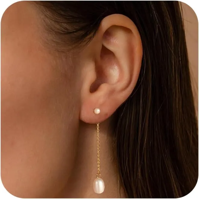 Pearl Dangle Earrings for Women,Trendy Pearl Drop Earrings 14k Gold Plated Dainty Wedding Pearl Earrings Dangling Hypoallergenic Gold Pearl Stud Earrings Gold Jewelry for Women Gifts