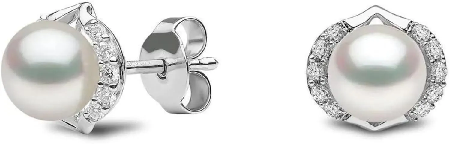 Pearl Diamond (0.20ct) Stud Earrings, 14K White Gold Round Pearl (2.37ct) Stud, Floral Diamond Earring, Bridesmaid Jewelry, Birthday Gift.