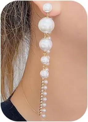 Pearl Drop Dangle Earrings White Dainty Boho Pearl Tassel Earrings Statement Wedding Bridal for Women Birthday Gifts Prom Jewelry