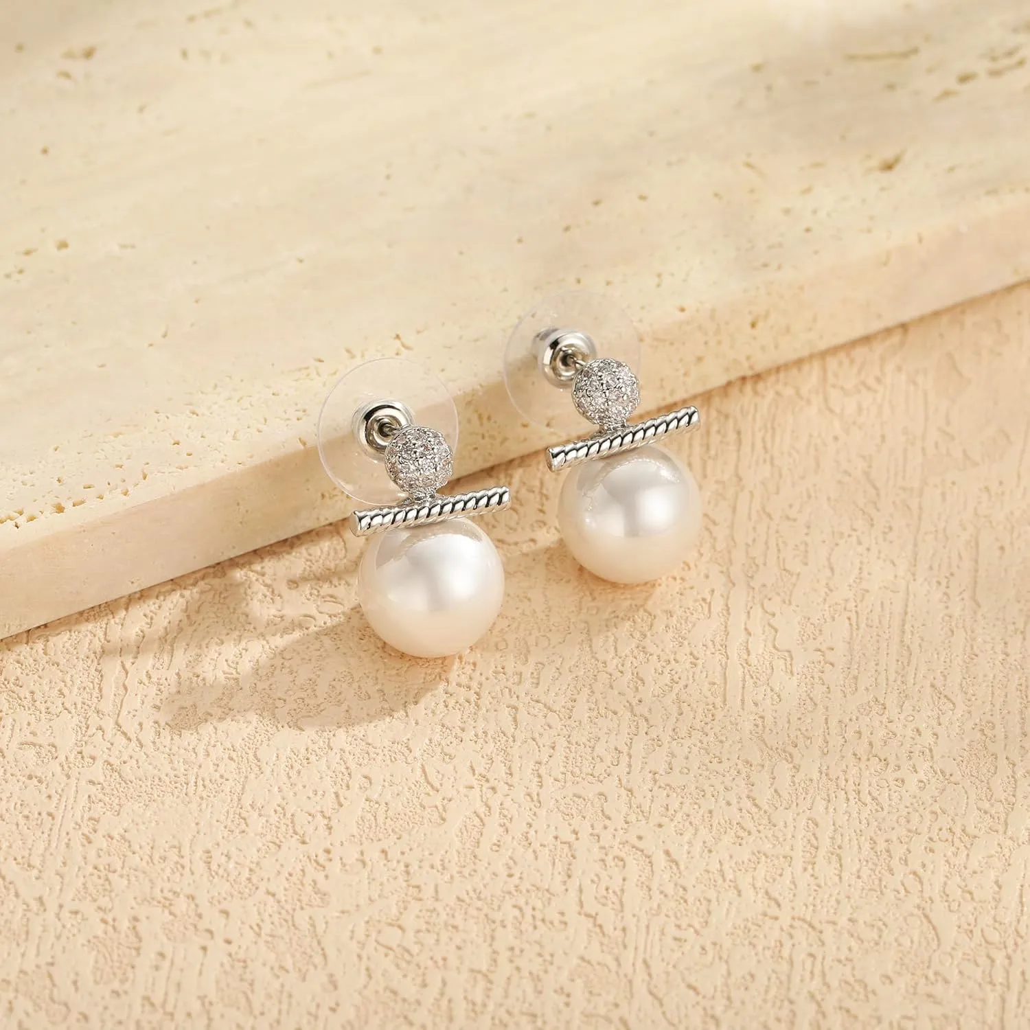 Pearl Drop Earrings for Women, 14k Gold Pearl Dangle Earring Hypoallergenic Dangling Round Pearls Dangly Pearl Hook Earrings Hanging Bridal Wedding Earring for Women