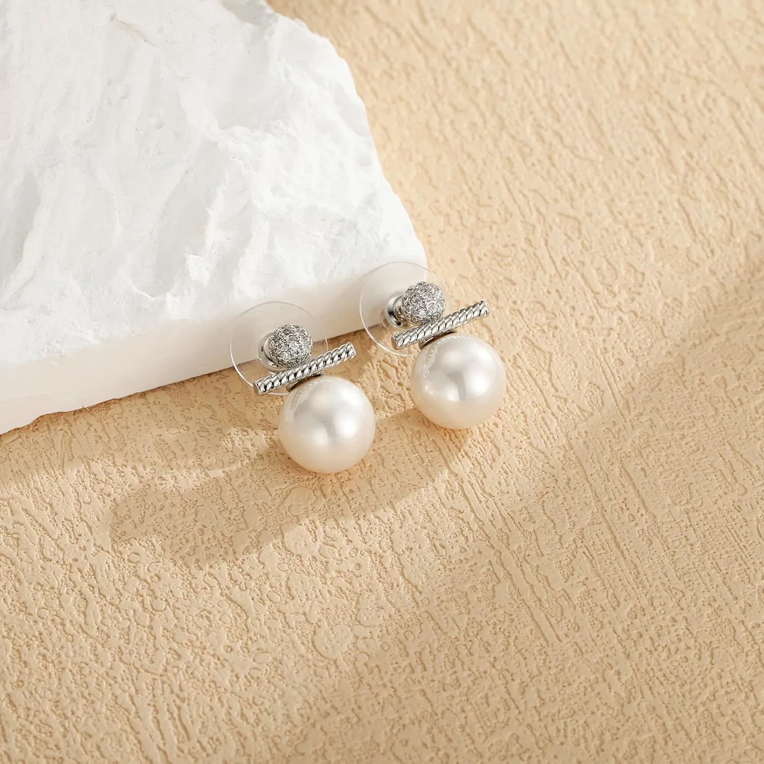 Pearl Drop Earrings for Women, 14k Gold Pearl Dangle Earring Hypoallergenic Dangling Round Pearls Dangly Pearl Hook Earrings Hanging Bridal Wedding Earring for Women