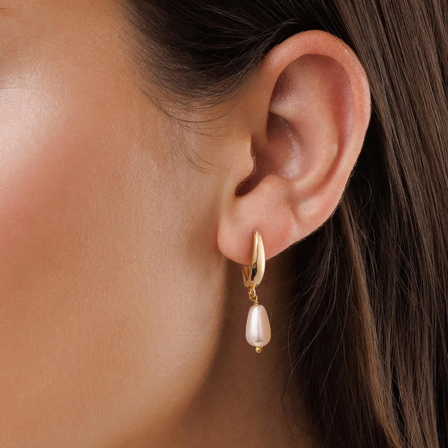 Pearl Earrings: 14k Gold-plated Dainty Pearl Drop Dangle Huggie Hoop Earrings for Women