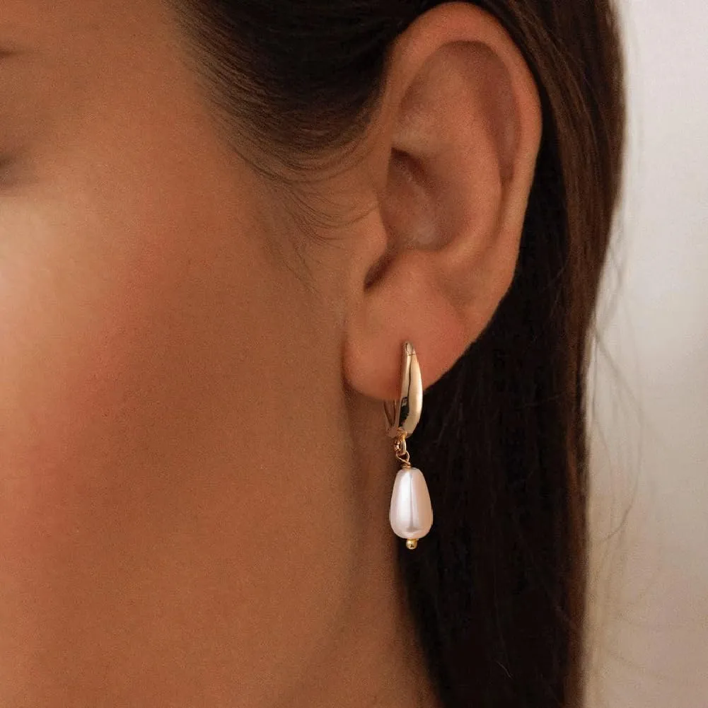 Pearl Earrings: 14k Gold-plated Dainty Pearl Drop Dangle Huggie Hoop Earrings for Women