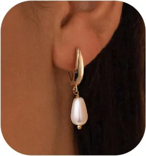 Pearl Earrings: 14k Gold-plated Dainty Pearl Drop Dangle Huggie Hoop Earrings for Women