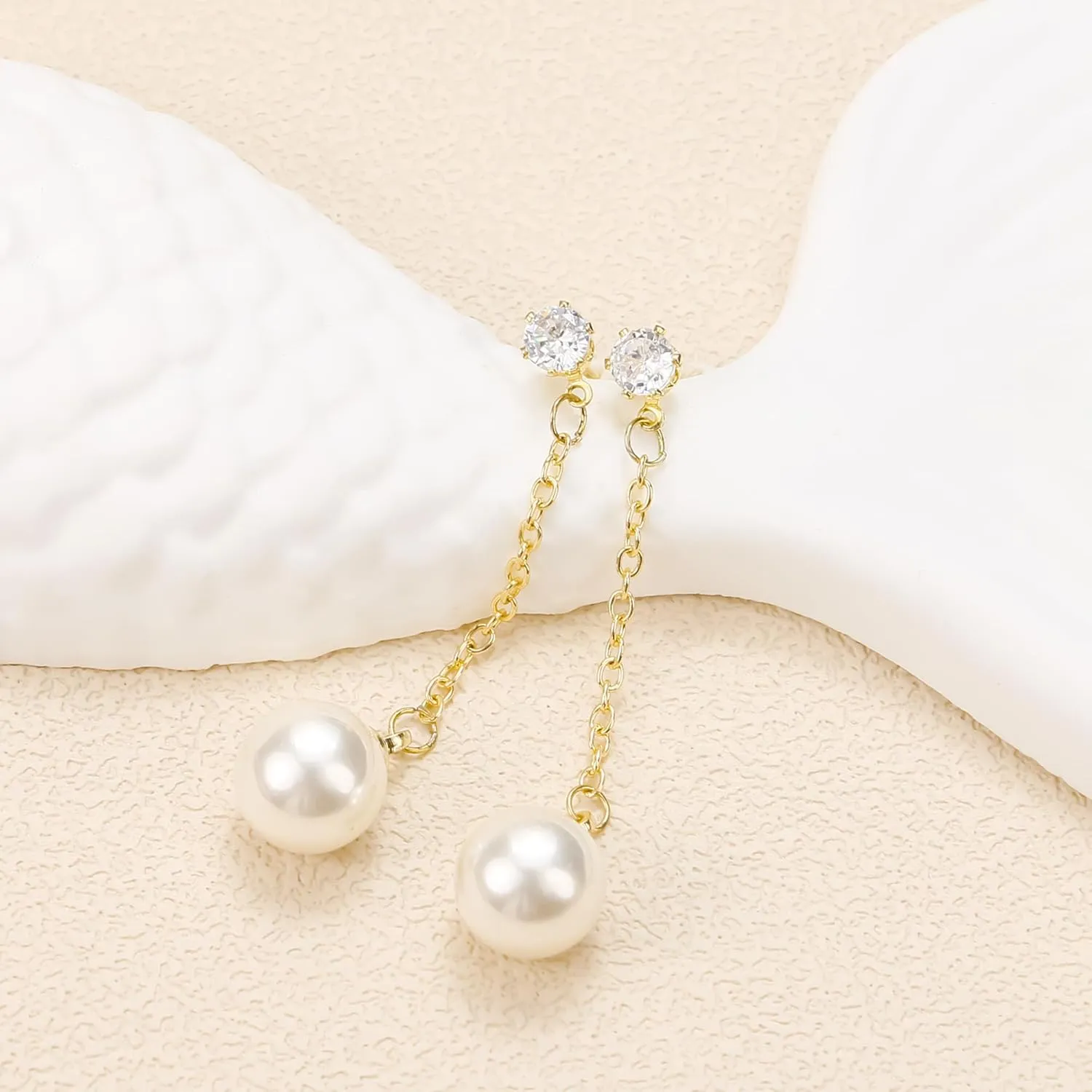 Pearl Earrings Dangling, 14k Gold Pearl Earrings for Women 8mm Dangle Pearl Earrings, Simple Statement Earrings for Girls Long Chain Earrings as Wedding Bridal Birthday Beach Jewelry