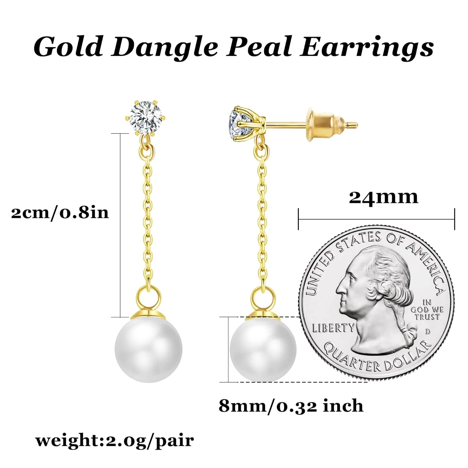 Pearl Earrings Dangling, 14k Gold Pearl Earrings for Women 8mm Dangle Pearl Earrings, Simple Statement Earrings for Girls Long Chain Earrings as Wedding Bridal Birthday Beach Jewelry