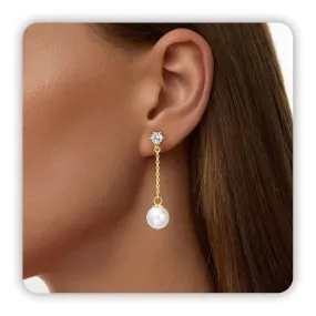 Pearl Earrings Dangling, 14k Gold Pearl Earrings for Women 8mm Dangle Pearl Earrings, Simple Statement Earrings for Girls Long Chain Earrings as Wedding Bridal Birthday Beach Jewelry