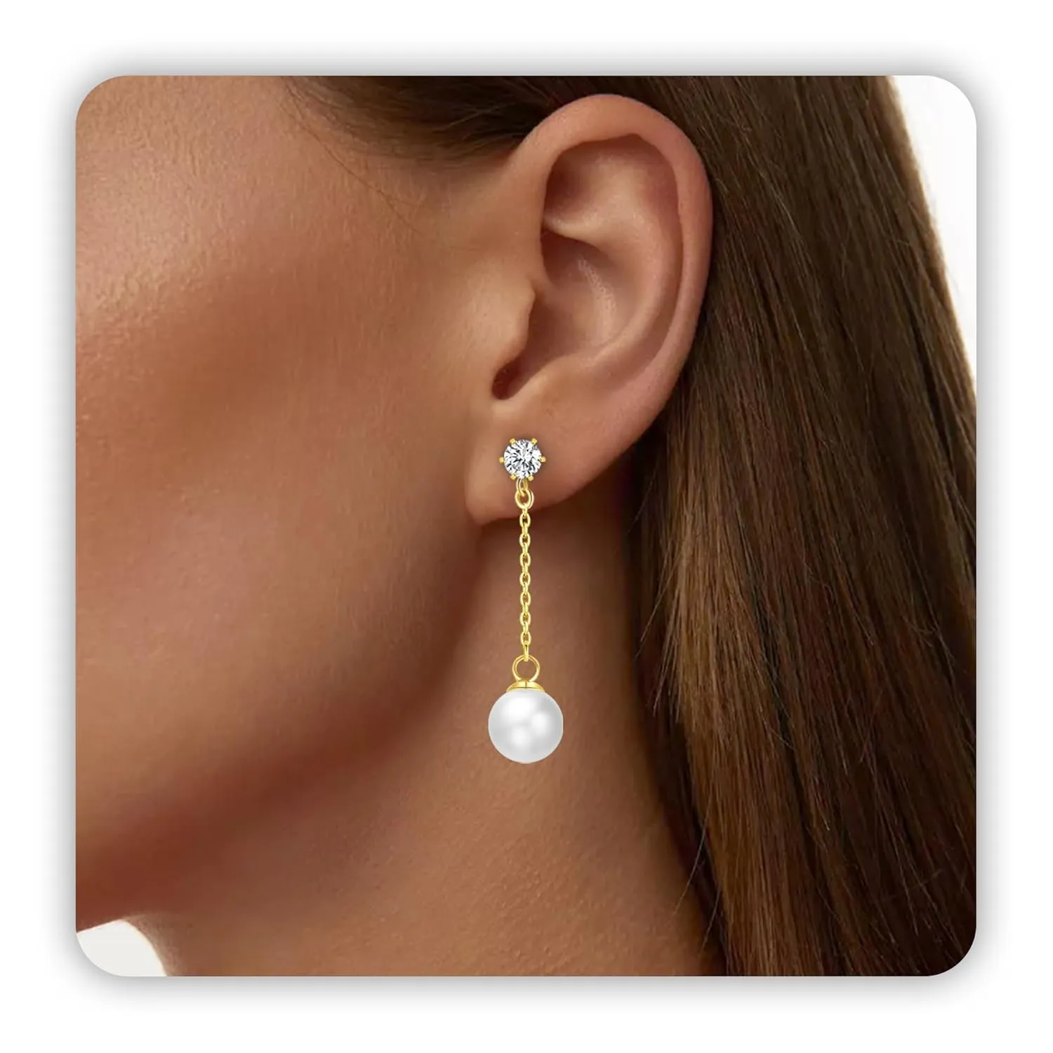 Pearl Earrings Dangling, 14k Gold Pearl Earrings for Women 8mm Dangle Pearl Earrings, Simple Statement Earrings for Girls Long Chain Earrings as Wedding Bridal Birthday Beach Jewelry