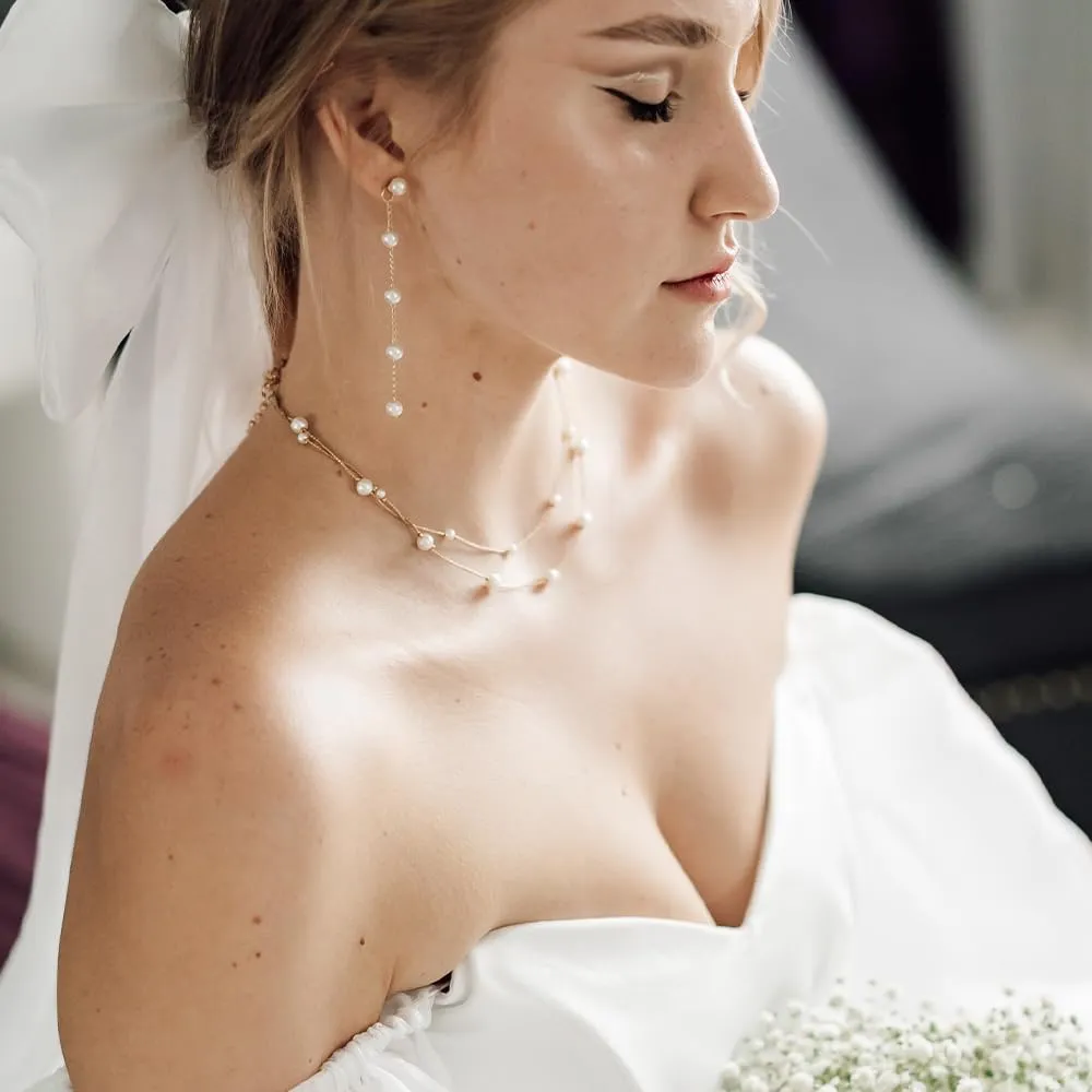 Pearl Earrings for Women, 14k Gold Pearl Drop Earrings Boho Summer Earrings Bridal Gifts, 5mm White Pearl Dangle Bride Wedding Guest Earrings as Statement Prom Birthday Pearl Jewelry