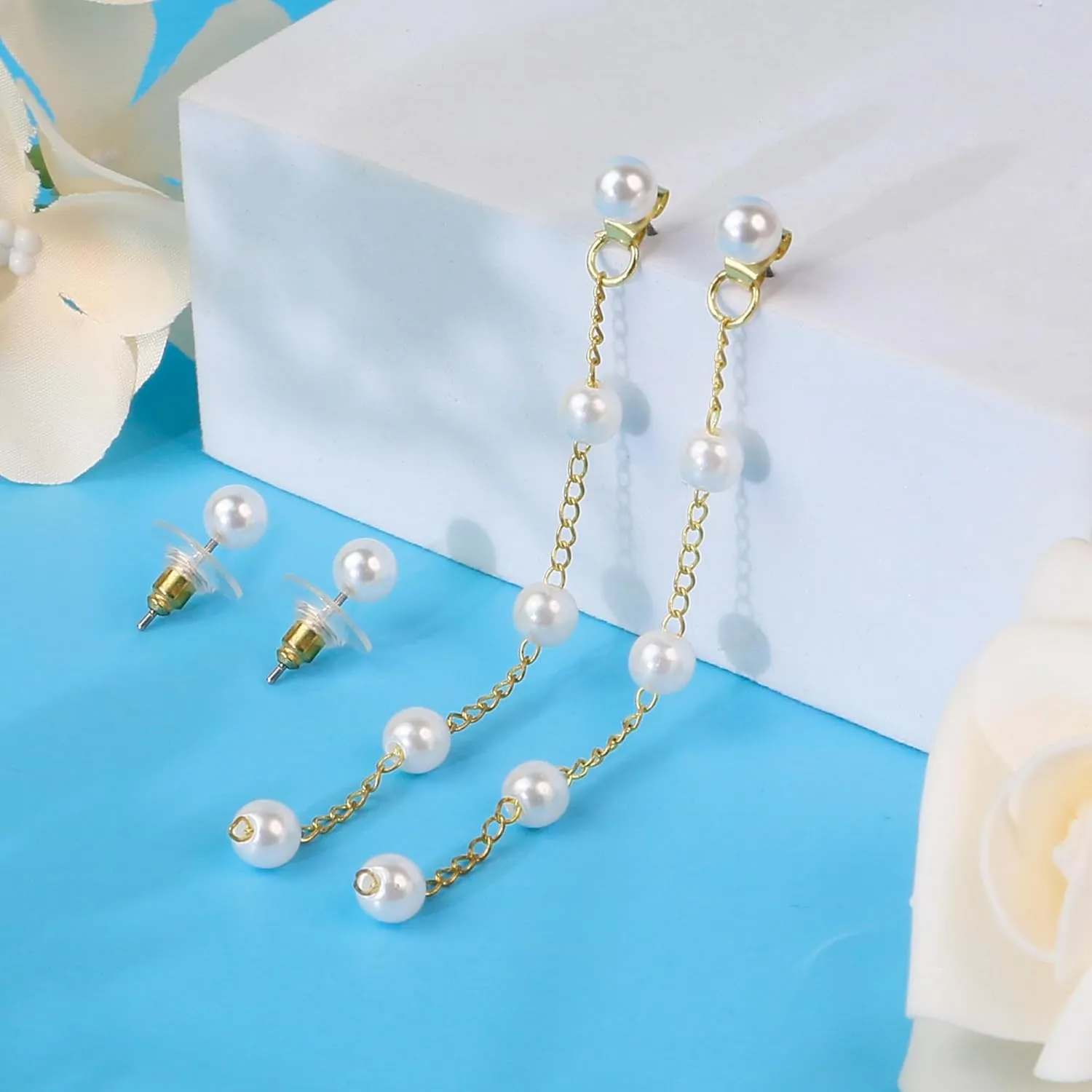 Pearl Earrings for Women, 14k Gold Pearl Drop Earrings Boho Summer Earrings Bridal Gifts, 5mm White Pearl Dangle Bride Wedding Guest Earrings as Statement Prom Birthday Pearl Jewelry