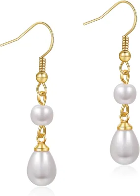 Pearl Earrings for Women, 14k Gold Plated Pearl Dangle Earrings, Double Pearl Drop Earrings for Bridal Wedding Jewelry Birthday Gifts