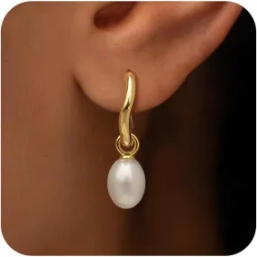 Pearl Earrings for Women, Dainty Gold Hoop Earrings Pearl Earrings for Women Trendy 14k Gold Plated Pearl Drop Earrings Hoops Hypoallergenic Pearl Huggie Earrings Gold Earrings Jewelry Gifts