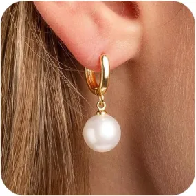 Pearl Earrings for Women, Trendy 14k Gold Plated Drop Hoop Pearl Earrings Dainty Freshwater Leaf Bow Pearl Dangle Earring Elegant Hypoallergenic Bridesmaid Gold Pearl Earrings Wedding Jewelry for Women
