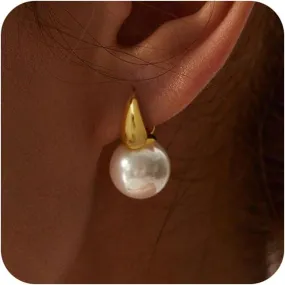Pearl Earrings for Women Trendy, Gold Pearl Hoop Earrings for Women 14K Gold Plated Pearl Hoop Huggie Drop Earrings Wedding Jewelry Gifts for Women