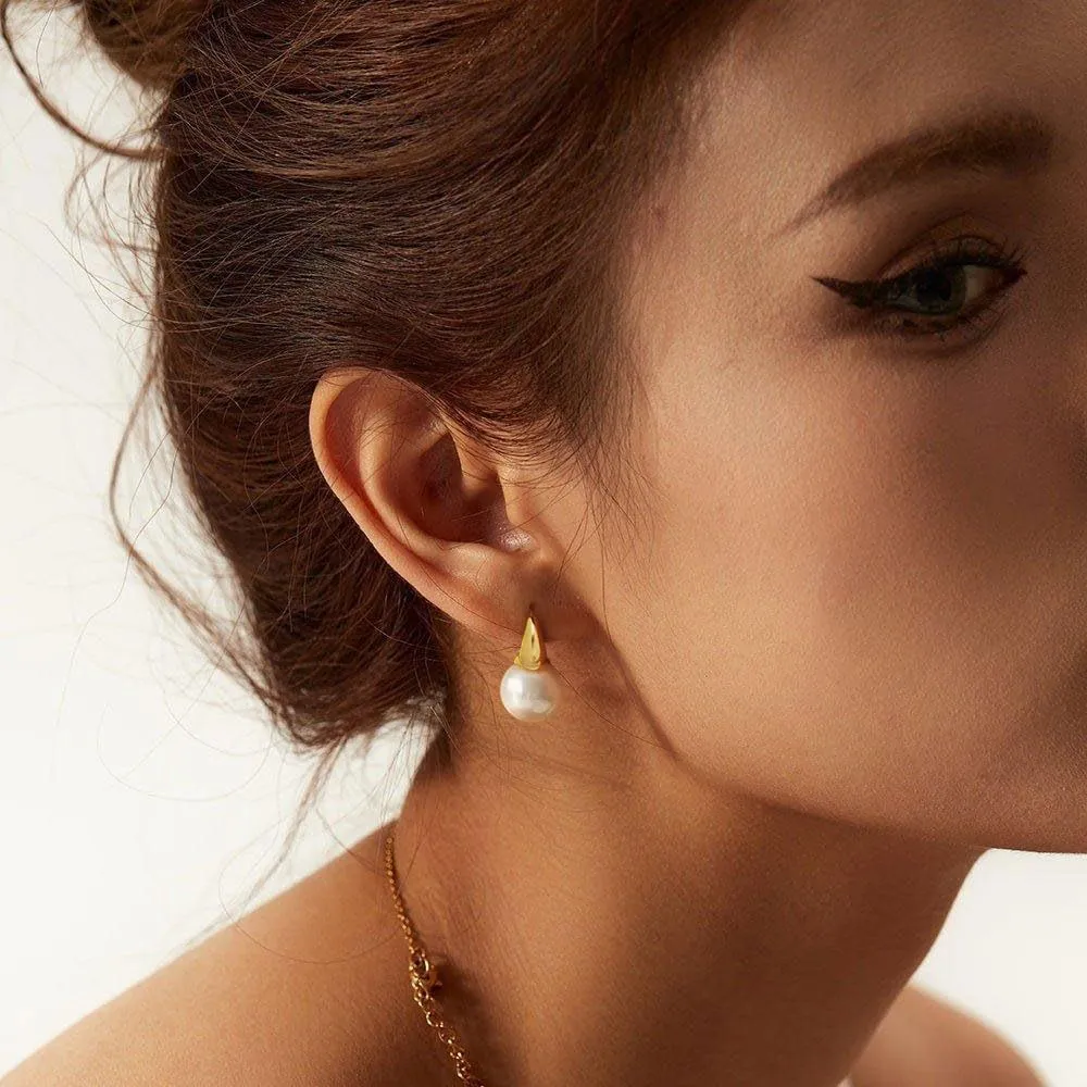 Pearl Earrings for Women Trendy, Gold Pearl Hoop Earrings for Women 14K Gold Plated Pearl Hoop Huggie Drop Earrings Wedding Jewelry Gifts for Women