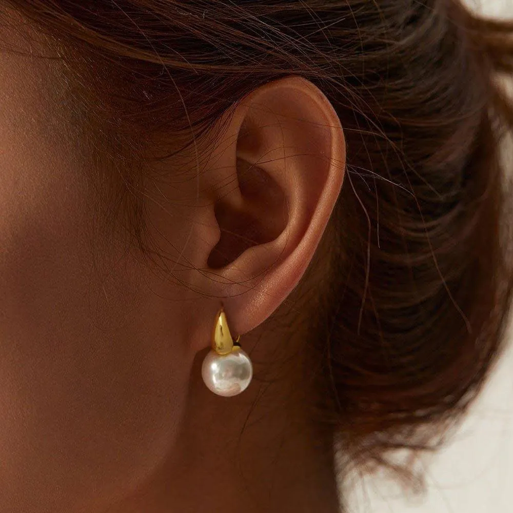 Pearl Earrings for Women Trendy, Gold Pearl Hoop Earrings for Women 14K Gold Plated Pearl Hoop Huggie Drop Earrings Wedding Jewelry Gifts for Women