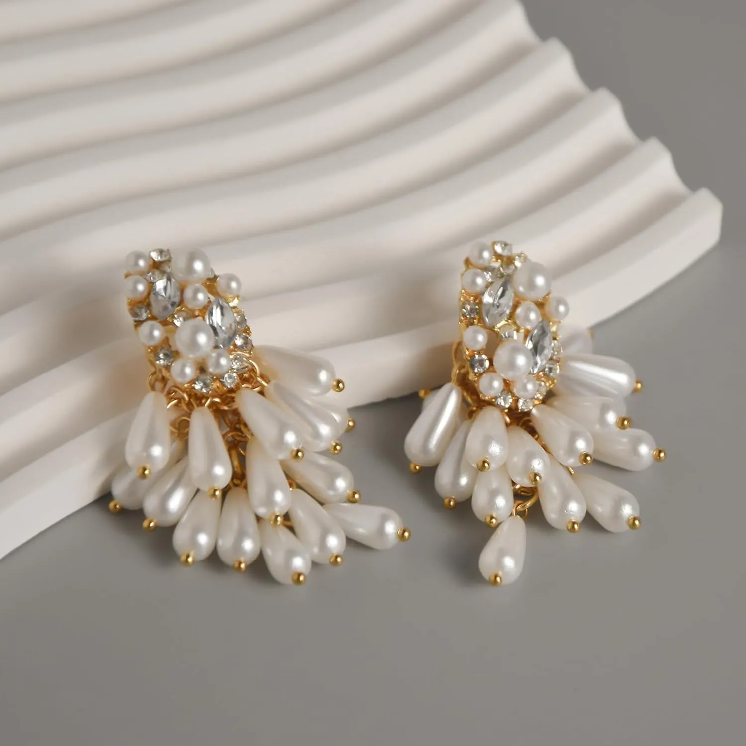 Pearl Earrings for Women,14k Gold Pearl Drop Dangle Earrings,Baroque Pearl Drop Earrings For WomenWedding Bridal Crystal Simulated Pearl Multi Beaded Cluster Chandelier Dangle Earrings
