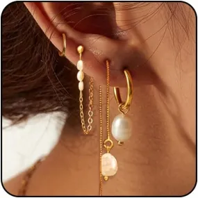 Pearl Earrings Stack Gold Pearl Dangle Hoop Earrings set -14K Gold Plated Small Huggie Earring for Women Cartilage Piercing Pearls Earring