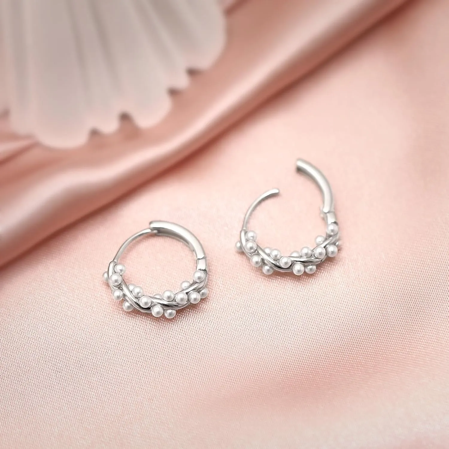 Pearl Hoop Earrings for Women, 925 Sterling Silver Cute Pearls Twisted Hoop Earring 14K Gold Plated Adjustable Wedding Bridal Silver Pearl Earrings for Birthday Jewelry Gifts