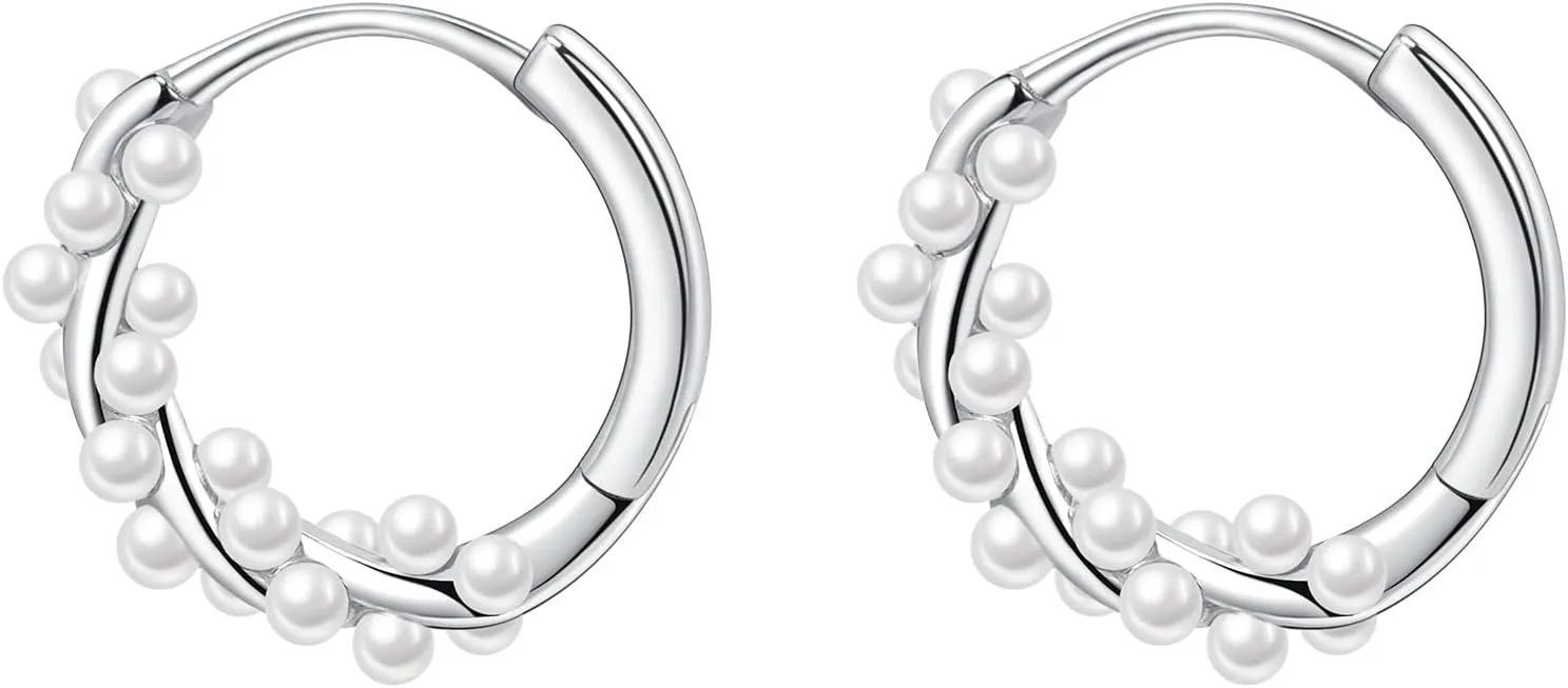 Pearl Hoop Earrings for Women, 925 Sterling Silver Cute Pearls Twisted Hoop Earring 14K Gold Plated Adjustable Wedding Bridal Silver Pearl Earrings for Birthday Jewelry Gifts