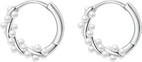 Pearl Hoop Earrings for Women, 925 Sterling Silver Cute Pearls Twisted Hoop Earring 14K Gold Plated Adjustable Wedding Bridal Silver Pearl Earrings for Birthday Jewelry Gifts