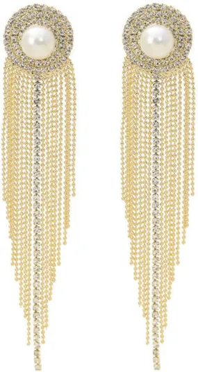 Pearl Stud Earrings for Women Trendy, Gold Tassel Dangle Earrings Crystal Rhinestone Statement Earrings, Hypoallergenic Earrings for Her (16-Pearl Tassel Gold)