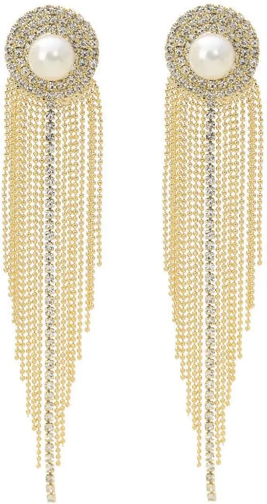 Pearl Stud Earrings for Women Trendy, Gold Tassel Dangle Earrings Crystal Rhinestone Statement Earrings, Hypoallergenic Earrings for Her (16-Pearl Tassel Gold)