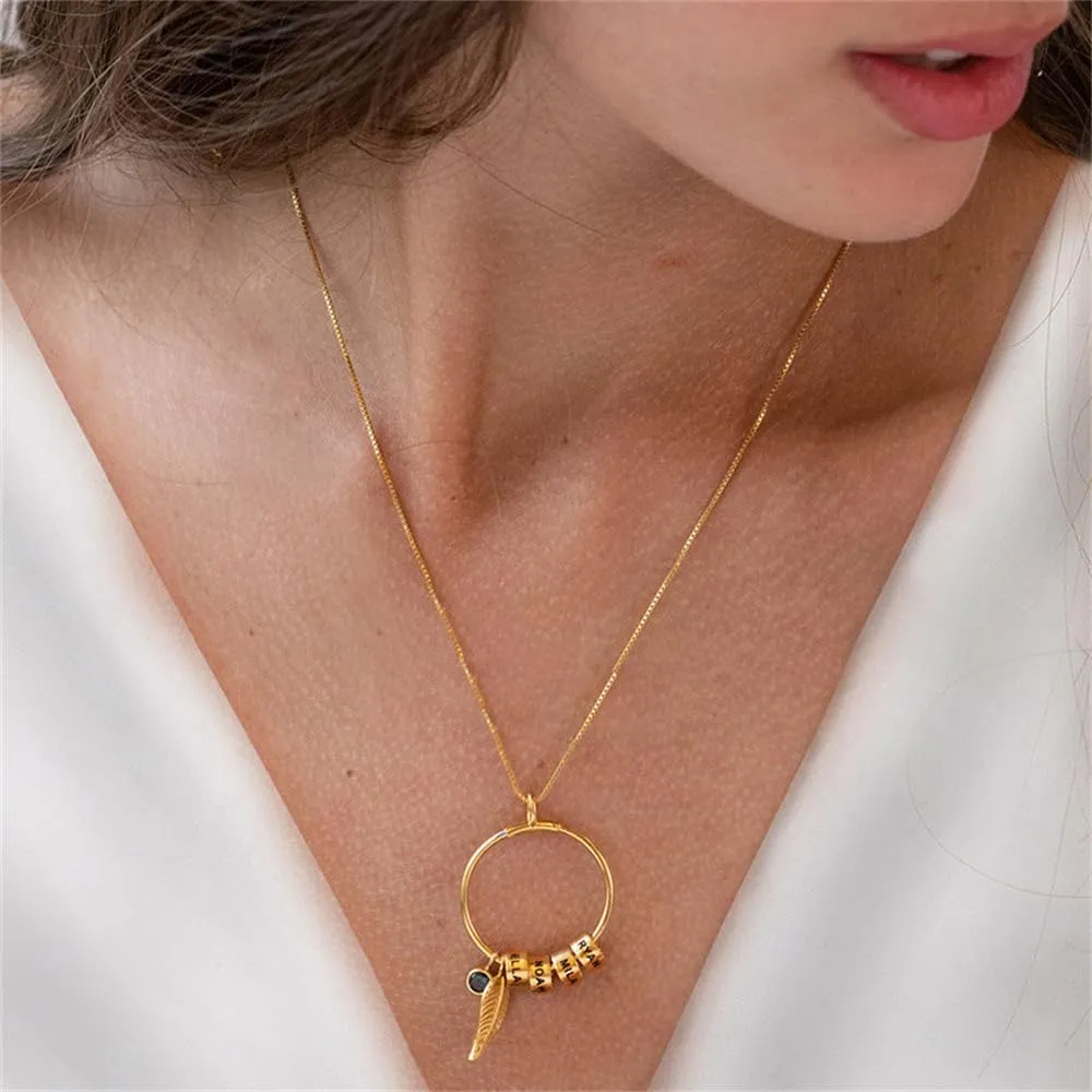 Personalize Name Necklace for Women Dainty Gold Necklace 14K Gold Nameplated Pendant Necklace Beaded Name Necklace Birthstone Necklace Birthday Mother's Day Jewelry for Mom/Dad/Dauguter/Son/Girlfriend