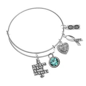 Personalized Autism Bangle Bracelet with Birthstone Charm, Autism Awareness Jewelry, Autism Puzzle Piece, Hope Charm Bracelet