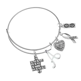 Personalized Autism Bangle Bracelet with Letter Charm, Autism Awareness Jewelry, Autism Puzzle Piece, Hope Charm Bracelet