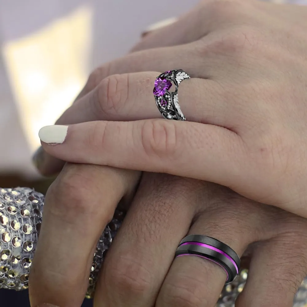 Personalized Couple Rings Set Purple Promise Rings for Him and Her Customizable engagement rings for couples set Purple Couple Custom Wedding Rings boxes