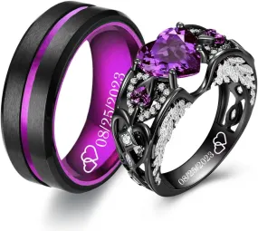 Personalized Couple Rings Set Purple Promise Rings for Him and Her Customizable engagement rings for couples set Purple Couple Custom Wedding Rings boxes