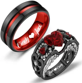 Personalized Couple Rings Set Red Promise Rings for Him and Her Customizable engagement rings for couples set red Couple Custom Wedding Rings Set Custom ruby promise ring