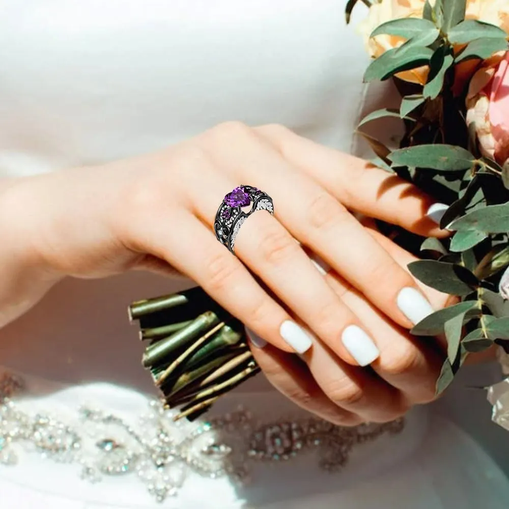 Personalized Engraved Couple Rings Set Promise Rings for Him and Her Purple Custom Heart Engagement Rings Matching Wedding Rings for Men and Women Set, Size 5-13,with Jewelry Gift Box