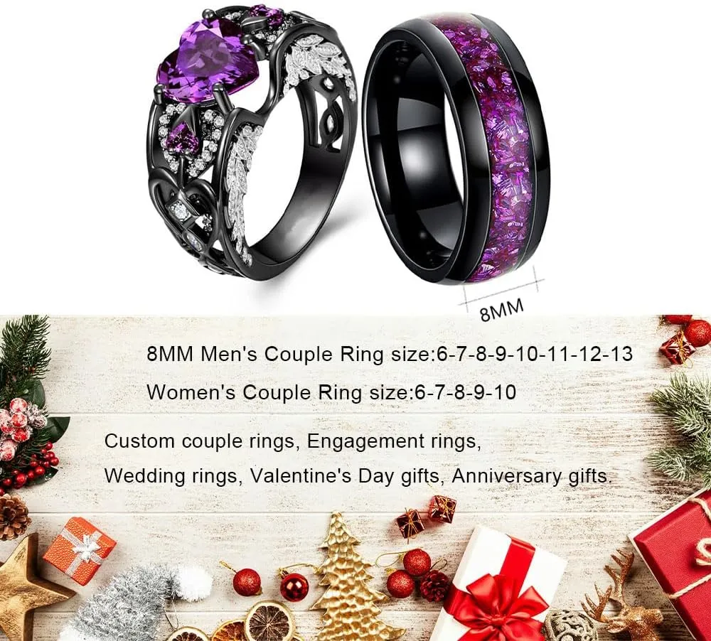 Personalized Engraved Couple Rings Set Promise Rings for Him and Her Purple Custom Heart Engagement Rings Matching Wedding Rings for Men and Women Set, Size 5-13,with Jewelry Gift Box