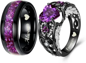 Personalized Engraved Couple Rings Set Promise Rings for Him and Her Purple Custom Heart Engagement Rings Matching Wedding Rings for Men and Women Set, Size 5-13,with Jewelry Gift Box