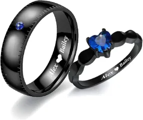 Personalized Promise rings for Him and Her Black Matching Couple Rings Customizable Titanium Wedding Rings for Men and Women Blue Sapphire Engagement Ring Valentine's Day Christmas Jewelry Gift