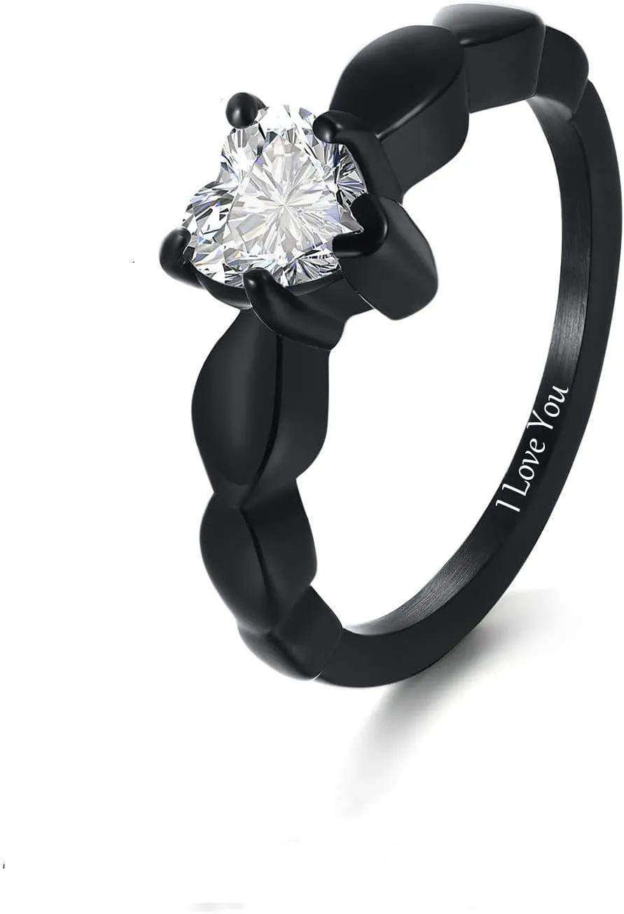 Personalized Promise rings for Him and Her Black Matching Couple Rings Customizable Titanium Wedding Rings for Men and Women Blue Sapphire Engagement Ring Valentine's Day Christmas Jewelry Gift