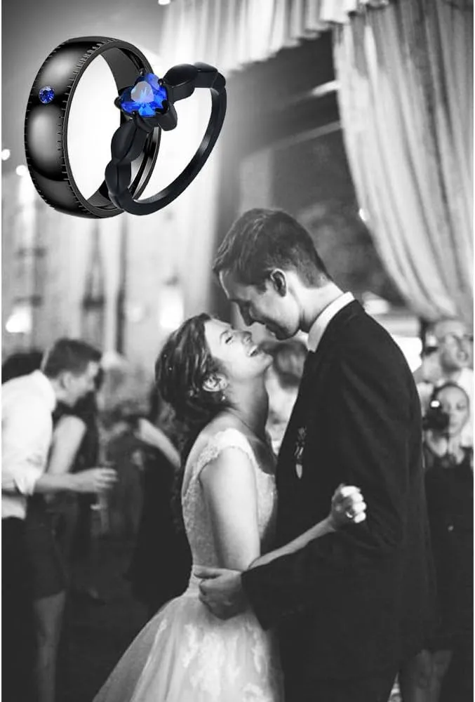 Personalized Promise rings for Him and Her Black Matching Couple Rings Customizable Titanium Wedding Rings for Men and Women Blue Sapphire Engagement Ring Valentine's Day Christmas Jewelry Gift