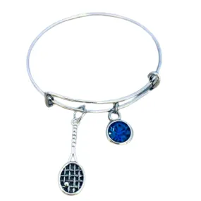 Personalized Tennis Bangle Bracelet with Birthstone Charm, Tennis Jewelry, Tennis Racket Charm Bracelet - Tennis Gifts
