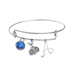 Personalized Tennis Bangle Bracelet with Birthstone Charm, Tennis Jewelry, Tennis Racket Charm Bracelet - Tennis Gifts