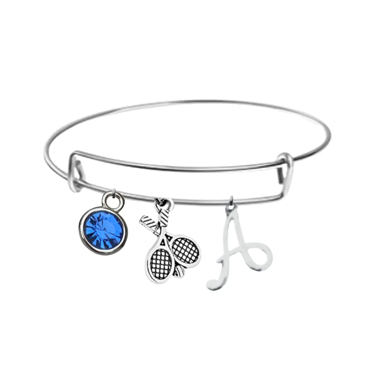 Personalized Tennis Bangle Bracelet with Birthstone Charm, Tennis Jewelry, Tennis Racket Charm Bracelet - Tennis Gifts