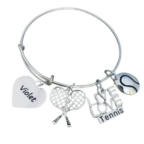 Personalized Tennis Bangle Bracelet with Engraved Name Charm, Tennis Jewelry, Tennis Racket Charm Bracelet - Tennis Gifts