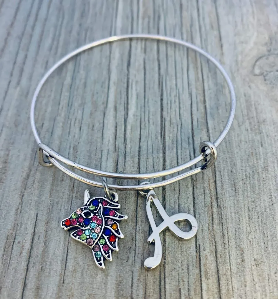 Personalized Unicorn Charm Bangle Bracelet with Letter Charm, Unicorn Rainbow Rhinestone Bangle, Unicorn Gift