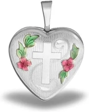 PicturesOnGold.com Sterling Silver Cross with Enamel Flowers Heart Locket 1/2 Inch X 1/2 Inch