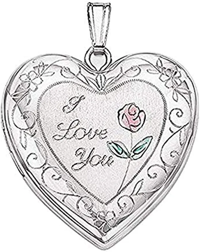 PicturesOnGold.com Sterling Silver I Love You with Enamel Flower Heart Locket - Sterling Silver Heart Locket - Size is 1 Inch x 1 Inch. with Engraving