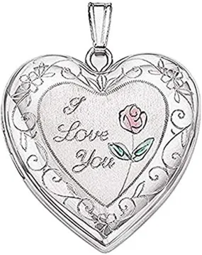 PicturesOnGold.com Sterling Silver I Love You with Enamel Flower Heart Locket - Sterling Silver Heart Locket - Size is 1 Inch x 1 Inch. with Engraving