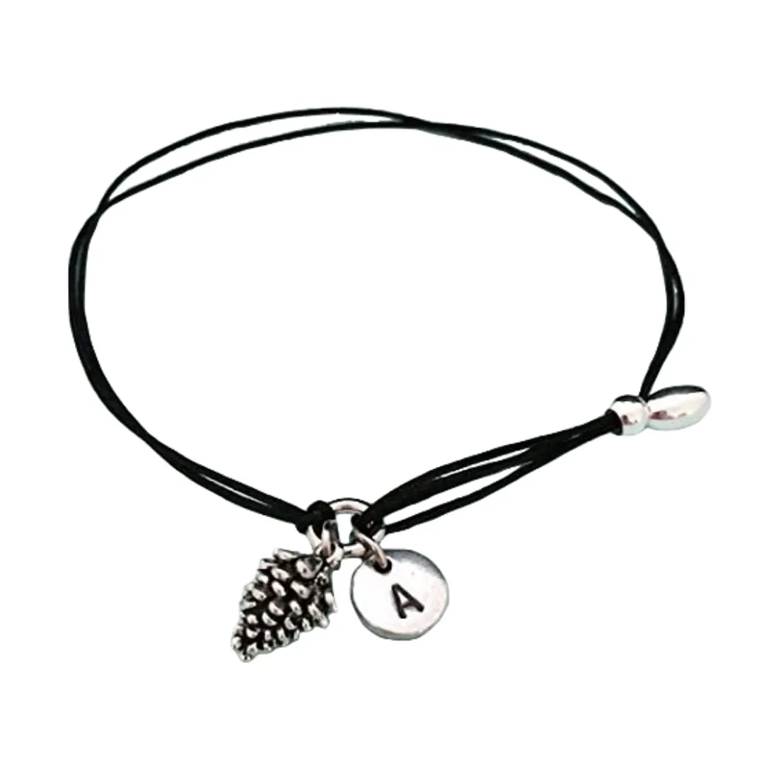 Pinecone cord bracelet, pinecone charm bracelet, adjustable bracelet, charm bracelet, personalized bracelet, initial, monogram